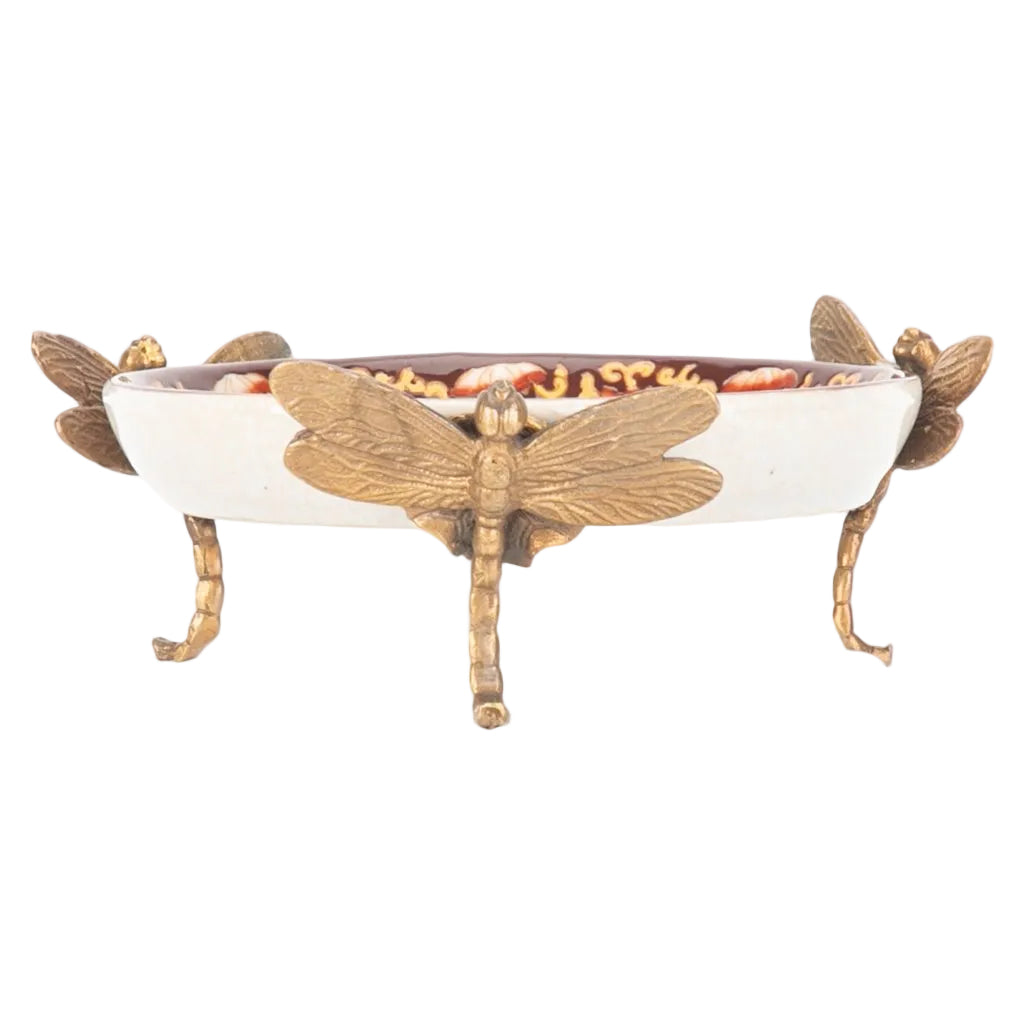 Bronze Porcelain Parrots & Dragonflies Dish