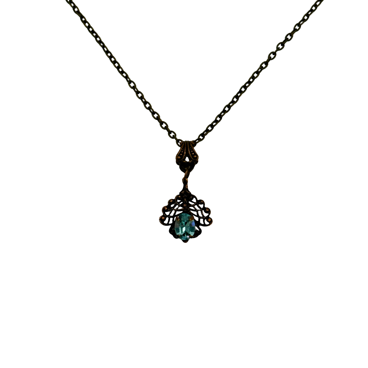 Aqua Crystal & Filigree Drop Necklace