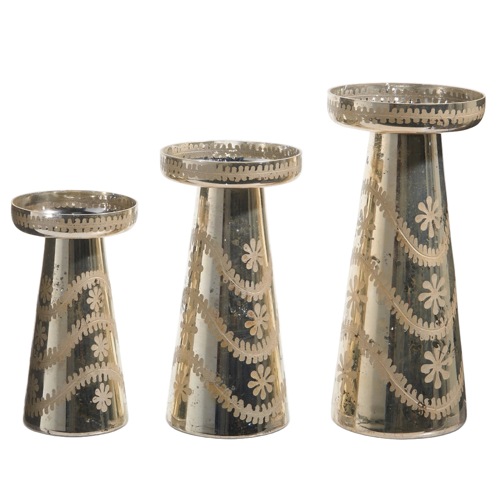 Etched Silver Glass Candle Holder