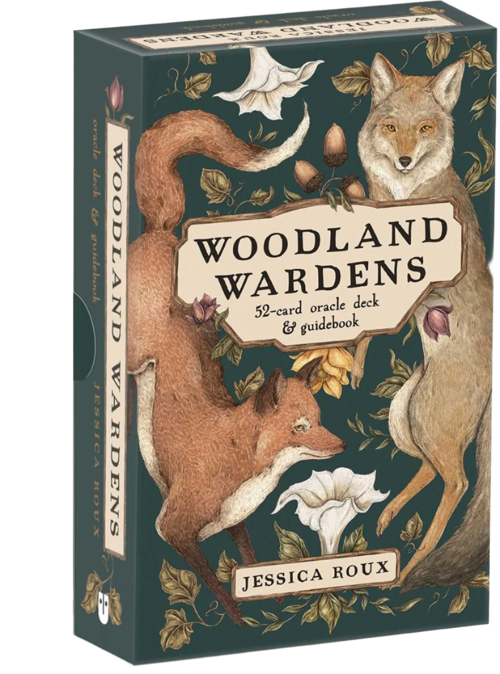 A box of 'Woodland Wardens' 52-card oracle deck and guidebook by Jessica Roux with fox illustrations on the box's cover.