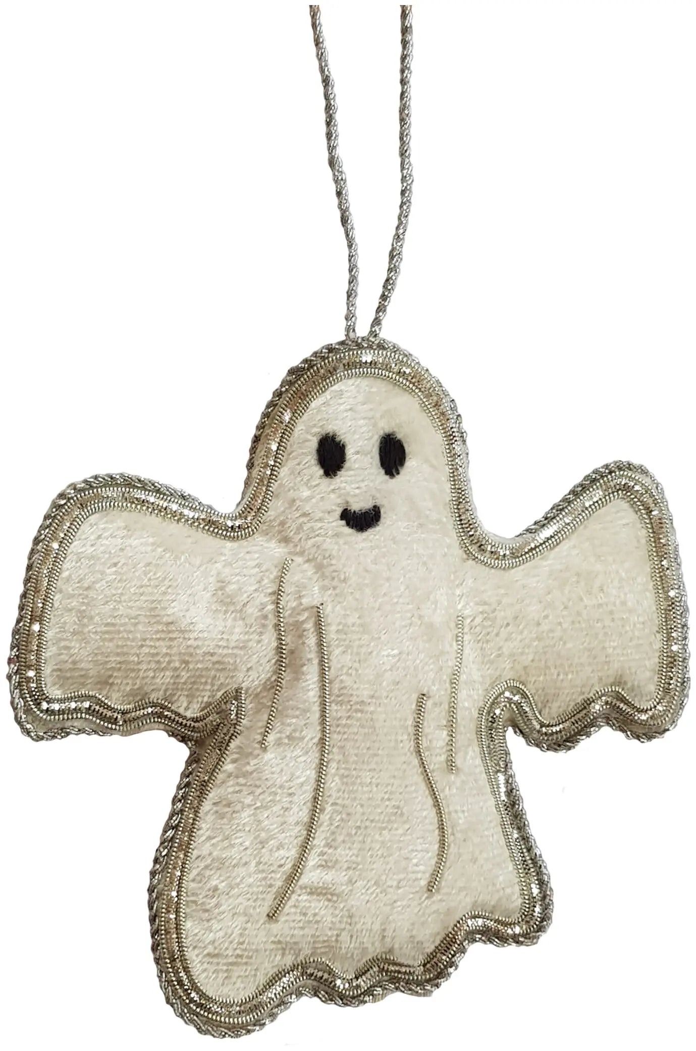 A decorative ornament of a velvet white ghost embroidered in silver with a smiling face.