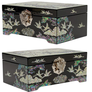 Cranes Amongst Pine Trees Mother of Pearl Inlaid Jewelry Box