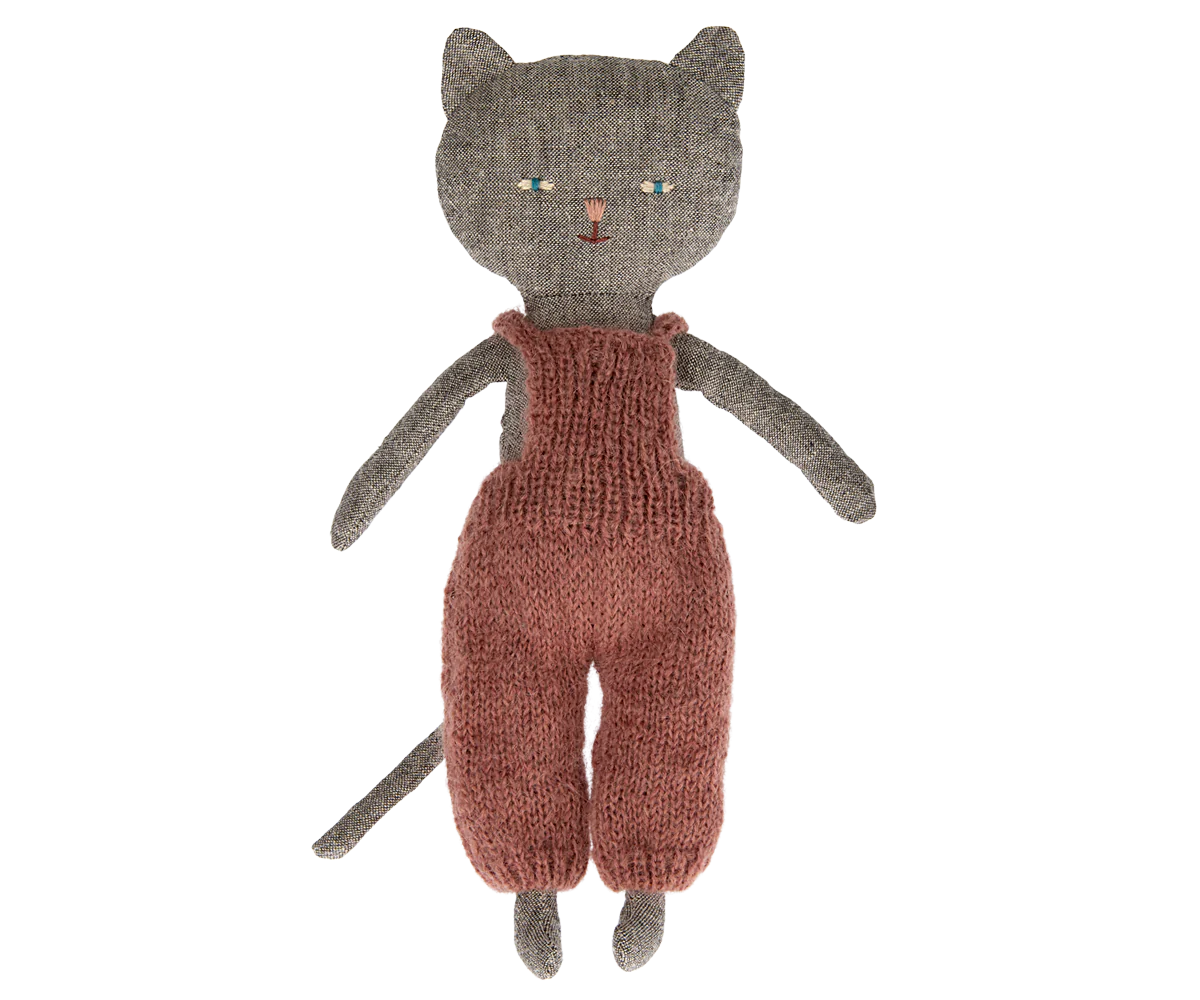 Grey Kitten in Mauve Overalls