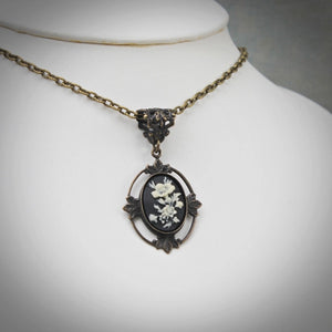 Black & Ivory Floral Cameo Pendant Necklace