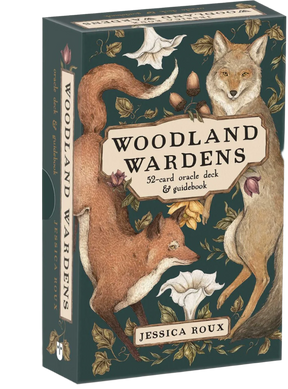 A box of 'Woodland Wardens' 52-card oracle deck and guidebook by Jessica Roux with fox illustrations on the box's cover.