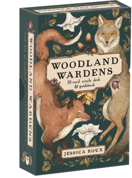 A box of 'Woodland Wardens' 52-card oracle deck and guidebook by Jessica Roux with fox illustrations on the box's cover.