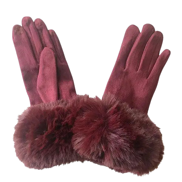 Burgundy Faux Fur Trim Gloves