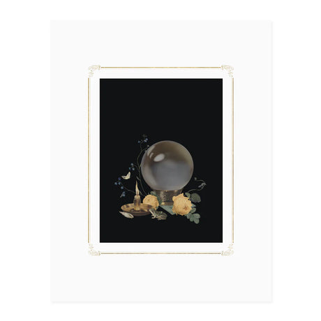 An unframed print of a crystal ball with candles and flowers on a black background.