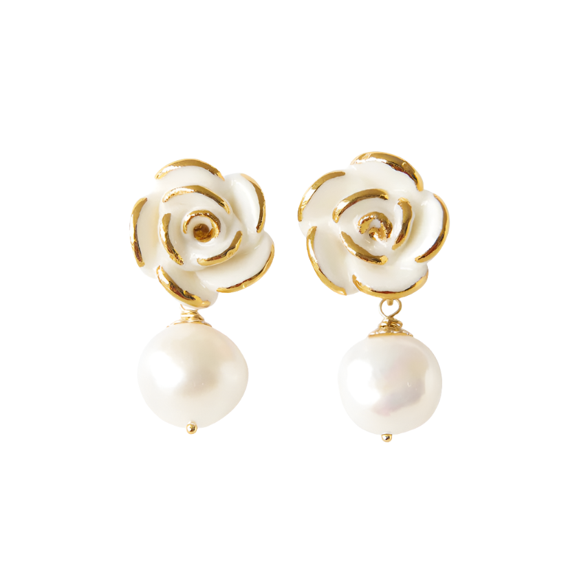 Gold & White Rose Pearl Earrings