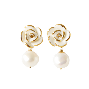 Gold & White Rose Pearl Earrings