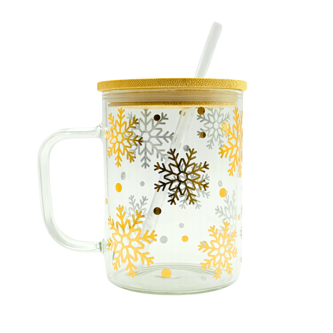 Golden Snowflakes Mug with Straw & Lid