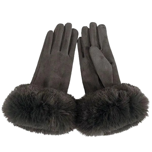 Grey Faux Fur Trim Gloves