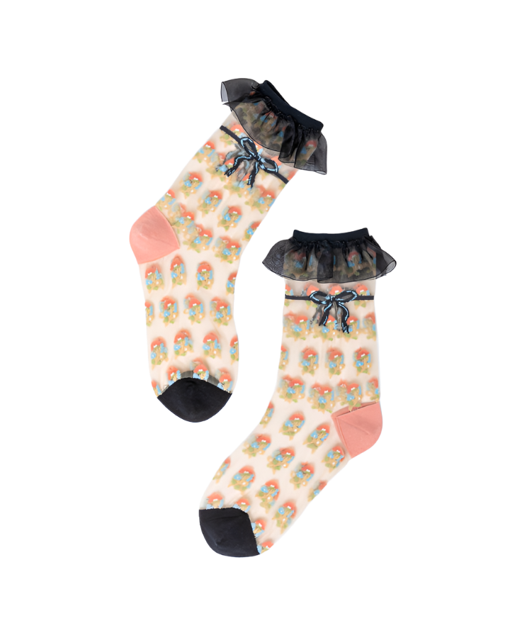 Repeat Floral Ruffle Sheer Crew Socks