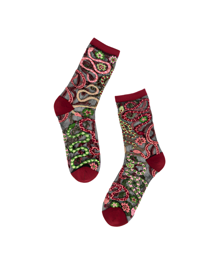 Serpentine Floral Black Sheer Crew Socks