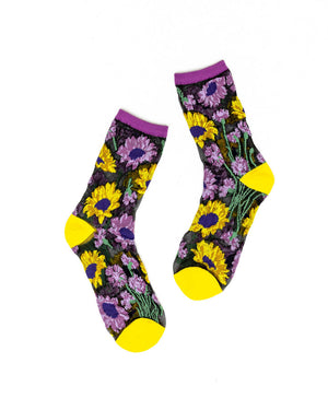 Mixed Sunflowers Black Sheer Crew Socks