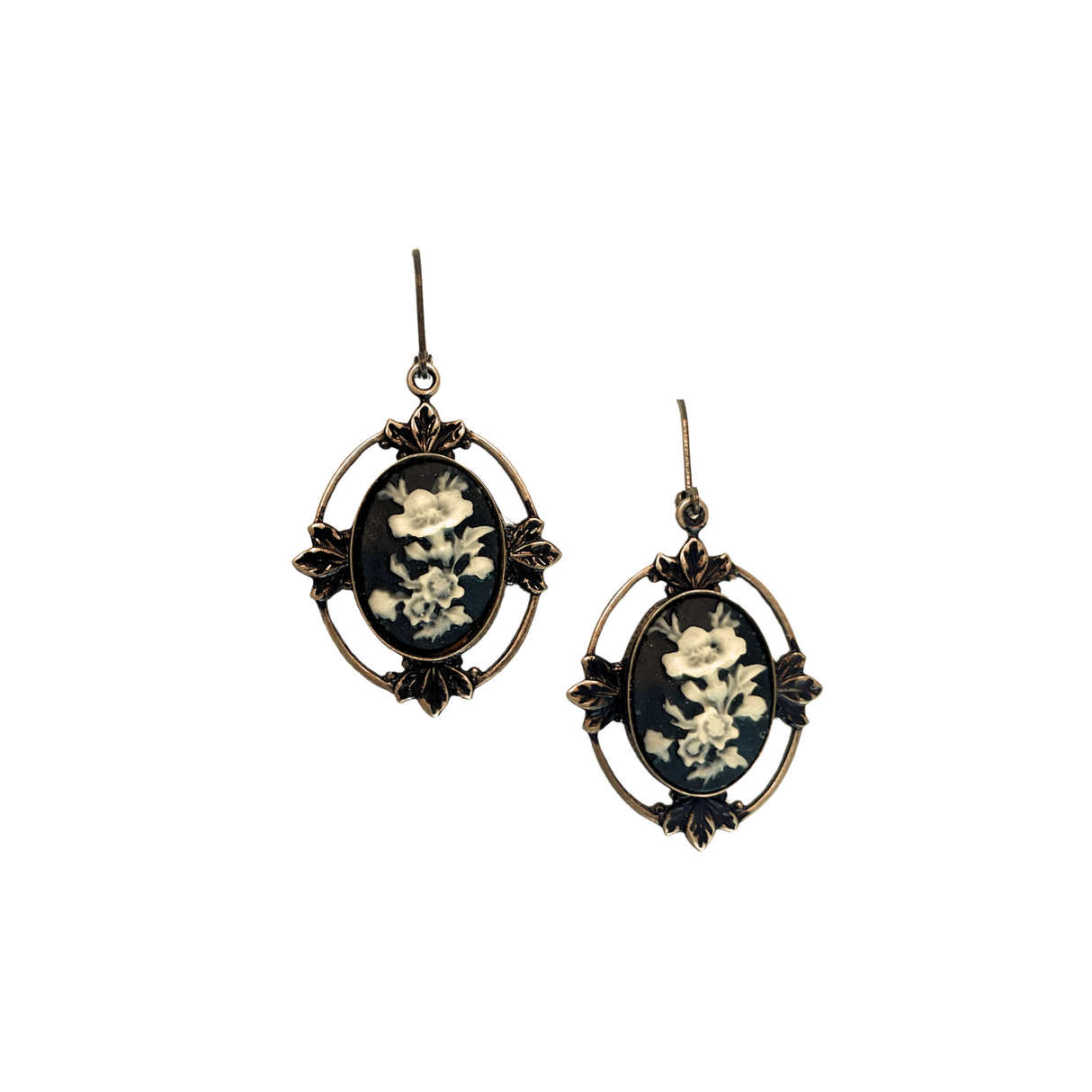 Black & Ivory Large Floral Cameo Earrings