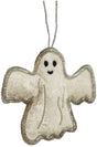 A decorative ornament of a velvet white ghost embroidered in silver with a smiling face.