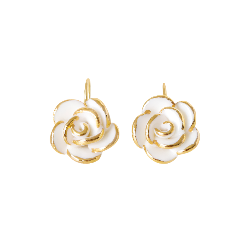 Gold & White Rose Earrings