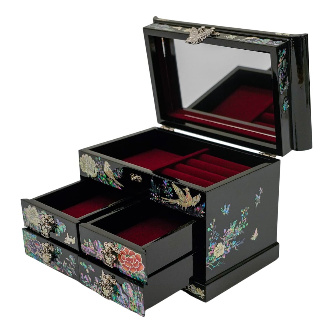 Exquisite Peacock Mother of Pearl Inlaid Jewelry Box