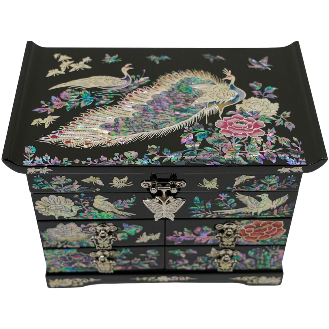 Exquisite Peacock Mother of Pearl Inlaid Jewelry Box