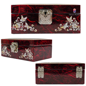 Red Butterflies, Peacocks, & Peonies Mother of Pearl Inlaid Jewelry Box
