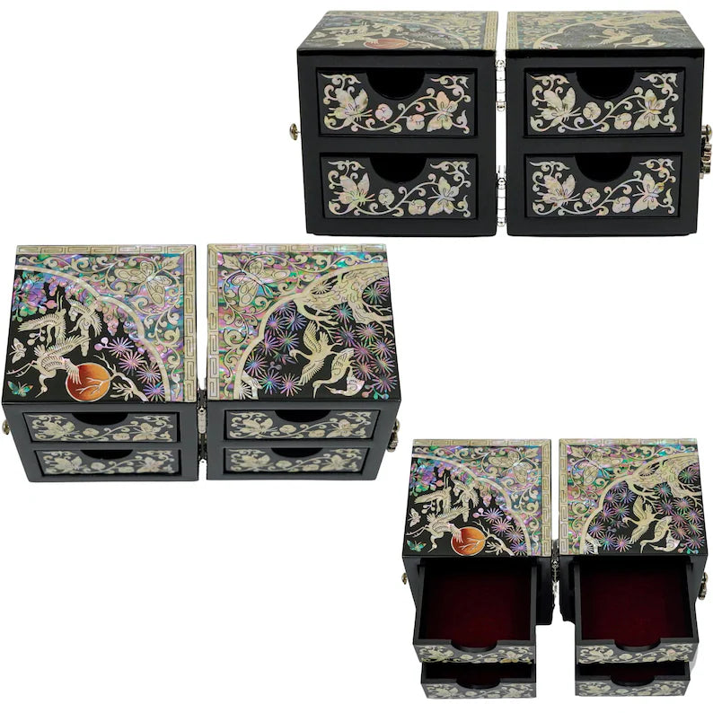 Cranes Amongst Flowers Mother of Pearl Inlaid Cube Jewelry Box