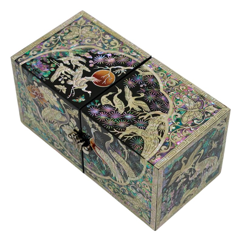 Cranes Amongst Flowers Mother-of-Pearl Inlaid Cube Jewelry Box