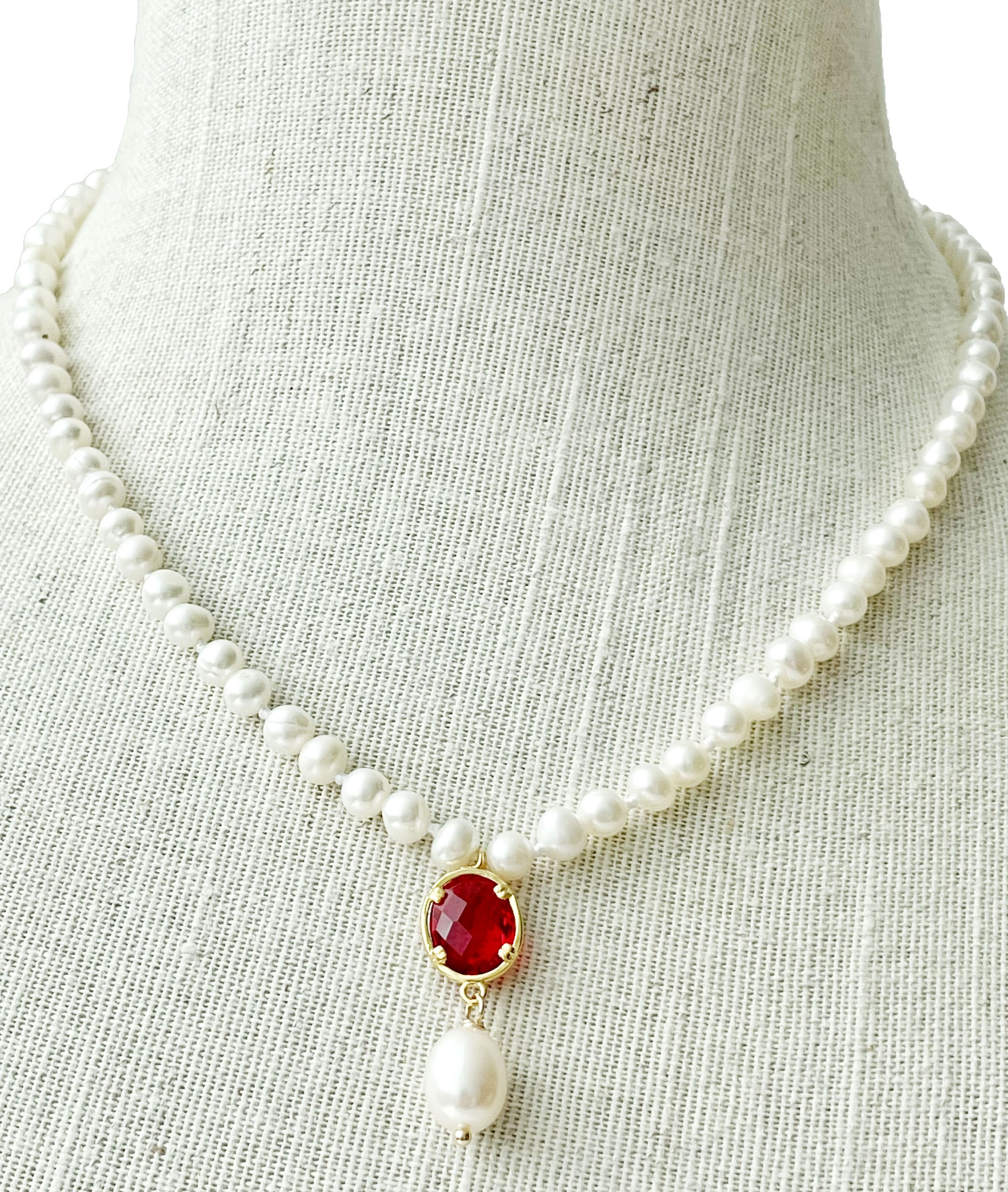 Pearl and red stone necklace discount