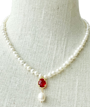 Pearl & Red Crystal Drop Necklace