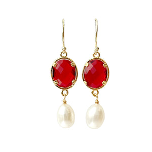 Pearl & Red Crystal Drop Earrings