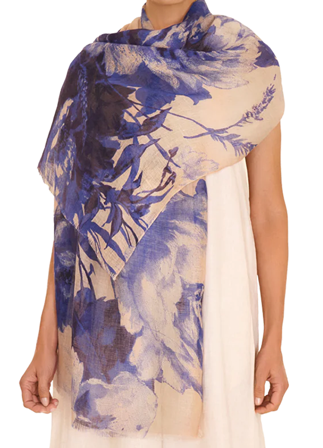 Linen Blue Blooms Scarf