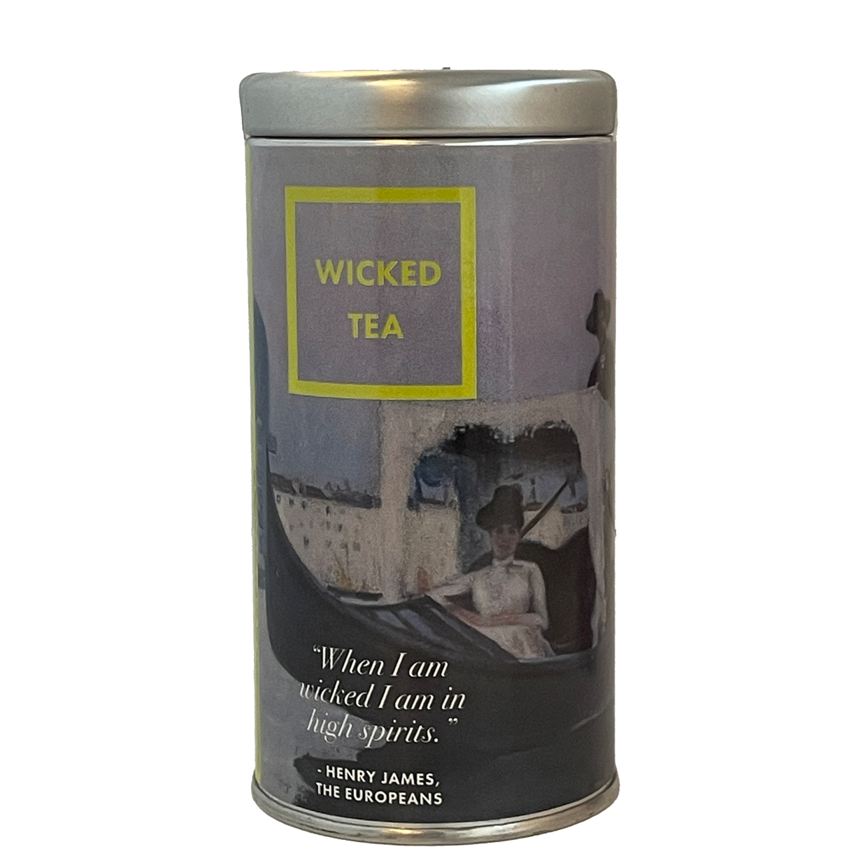 A silver cannister of Wicked Tea, featuring a detail of John Singer Sargent's painting 'Return From Lido' and a quote from Henry James' novel, The Europeans: "When I am wicked I am in high spirits."