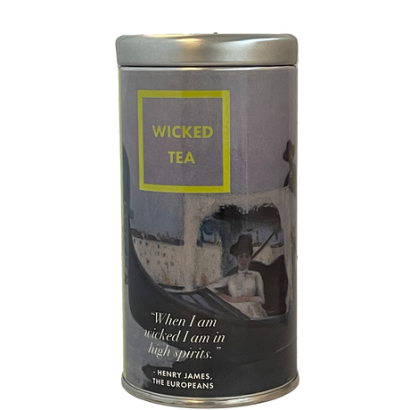 A silver cannister of Wicked Tea, featuring a detail of John Singer Sargent's painting 'Return From Lido' and a quote from Henry James' novel, The Europeans: "When I am wicked I am in high spirits."