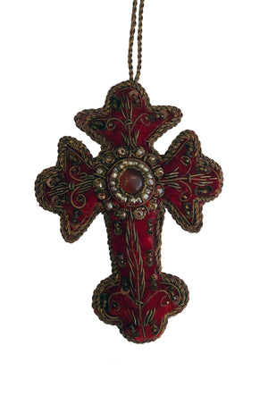 Burgundy Brocade Cross Ornament