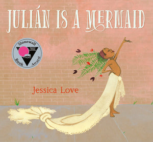 Book cover young boy in a makeshift mermaid costume looking happy