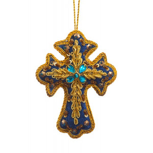 Navy Brocade Cross Ornament