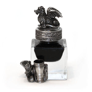 Pewter Dragon Glass Inkwell & Pen Holder